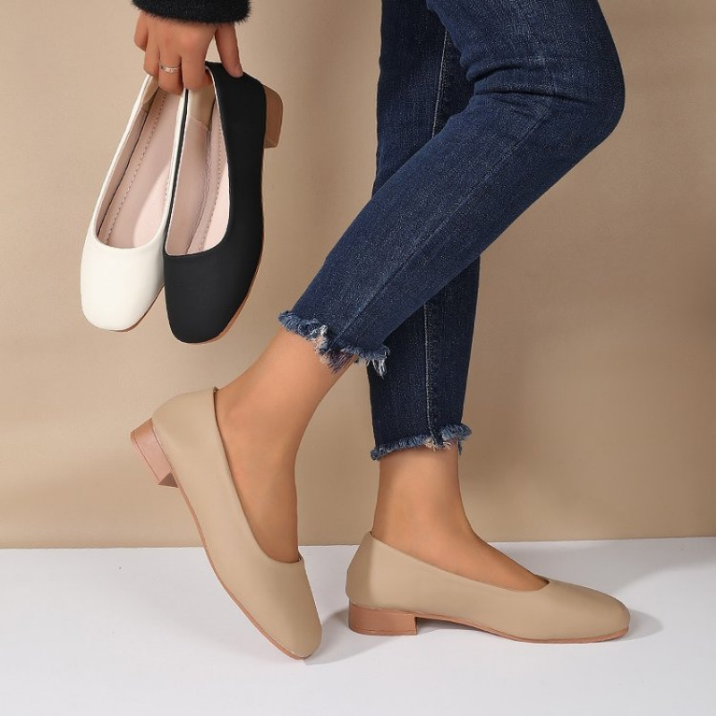 Women Shoes With Heels - Soft Leather Round Toe Slip-On Shoes