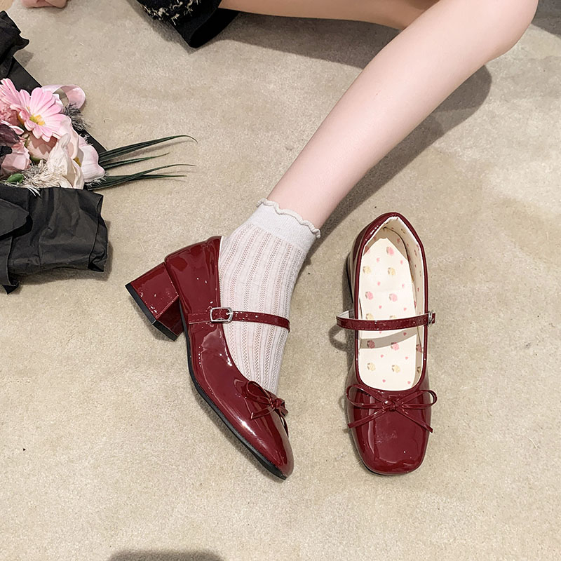 Patent Leather Pump - Bow-knot High-heeled Patent Leather Block-heeled Single